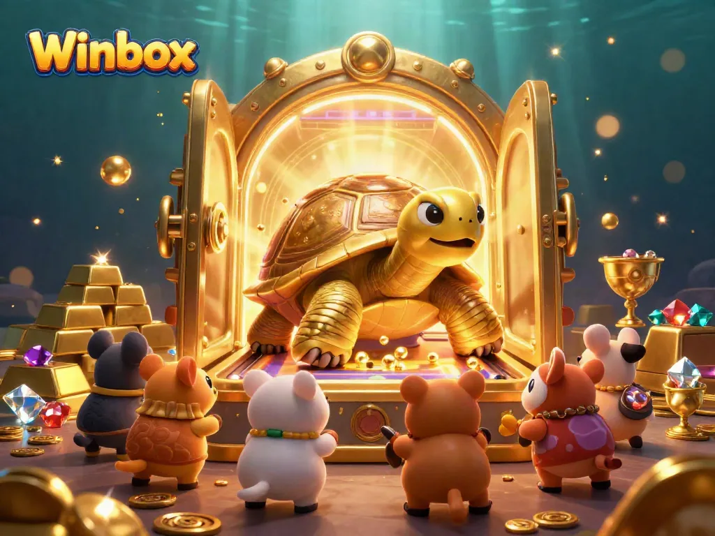 Winbox casino illustration featuring gold tortoise, treasure, and gems for gambling fun.