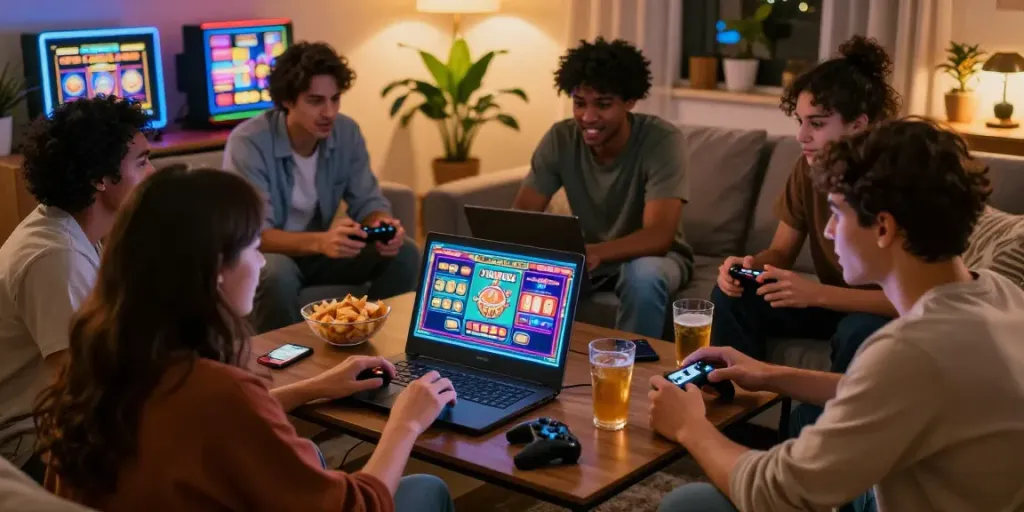 Friends enjoying a cozy gaming night playing slot jackpot games online.