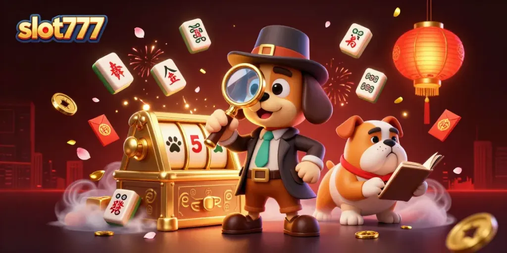 Menangkan simbol slot777 dengan detektif kartun dan anjing bulldog di dunia kasino.