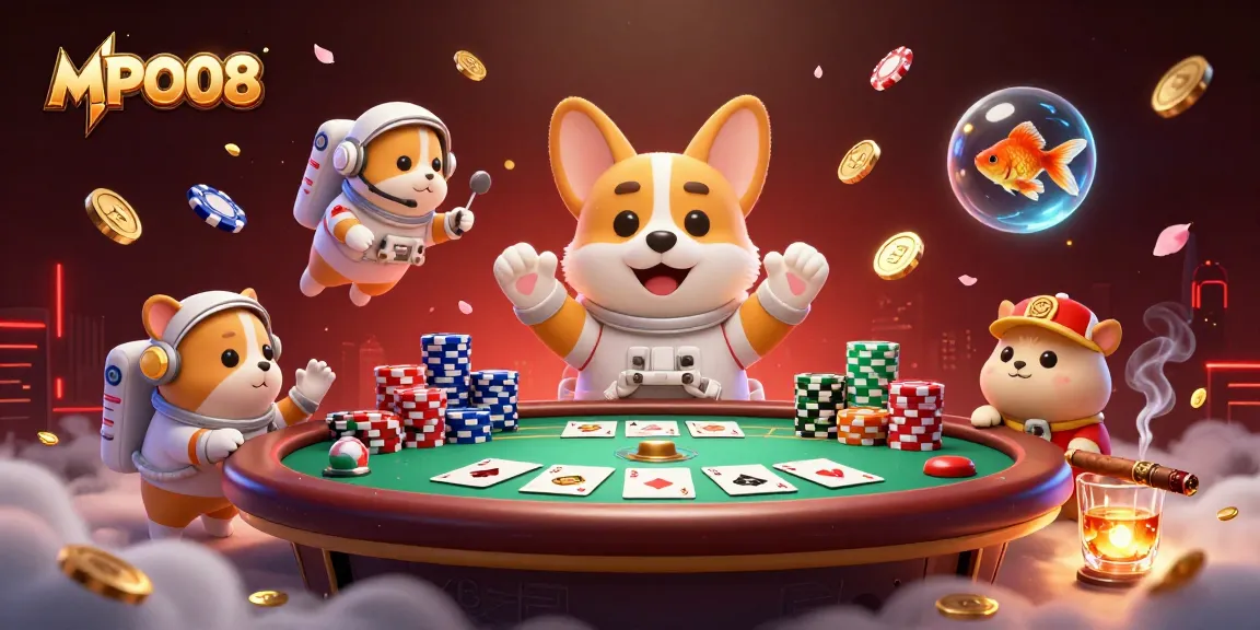 Play and win at MPO08 with a thrilling space casino scene featuring a floating corgi and poker elements.