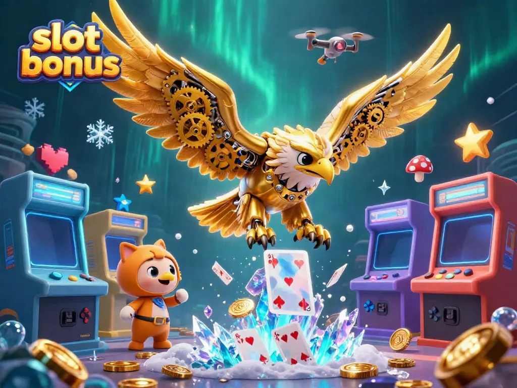 Experience the thrilling slot bonus adventures with a golden eagle soaring through holographic cards in this vibrant casino illustration.
