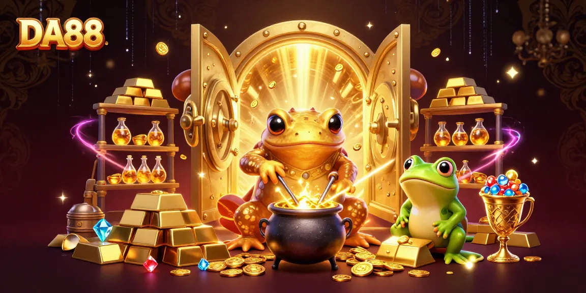 DA88 showcases the vibrant gambling scene with a golden alchemist transforming metals into riches.