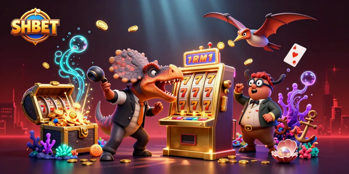 Experience thrilling wins with SHBET as a dinosaur celebrates a jackpot at a vibrant casino.