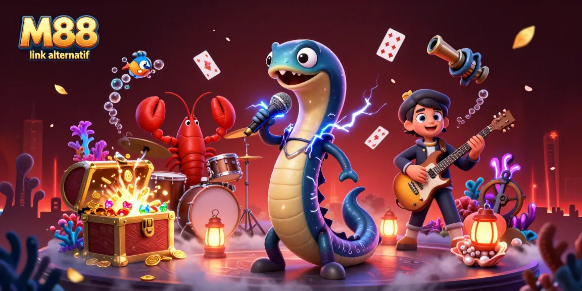 Promo M88 link alternatif dengan ilustrasi tema kasino bawah laut yang penuh aksi.