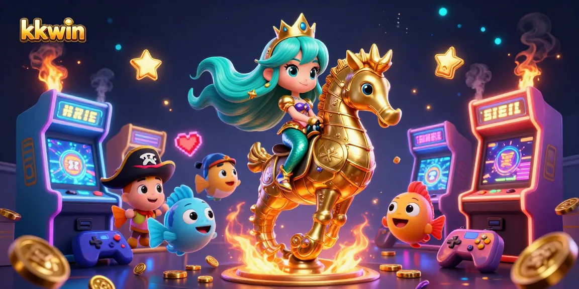 kkwin offers thrilling gaming adventures with vivid illustrations of mermaid princess riding a golden seahorse.