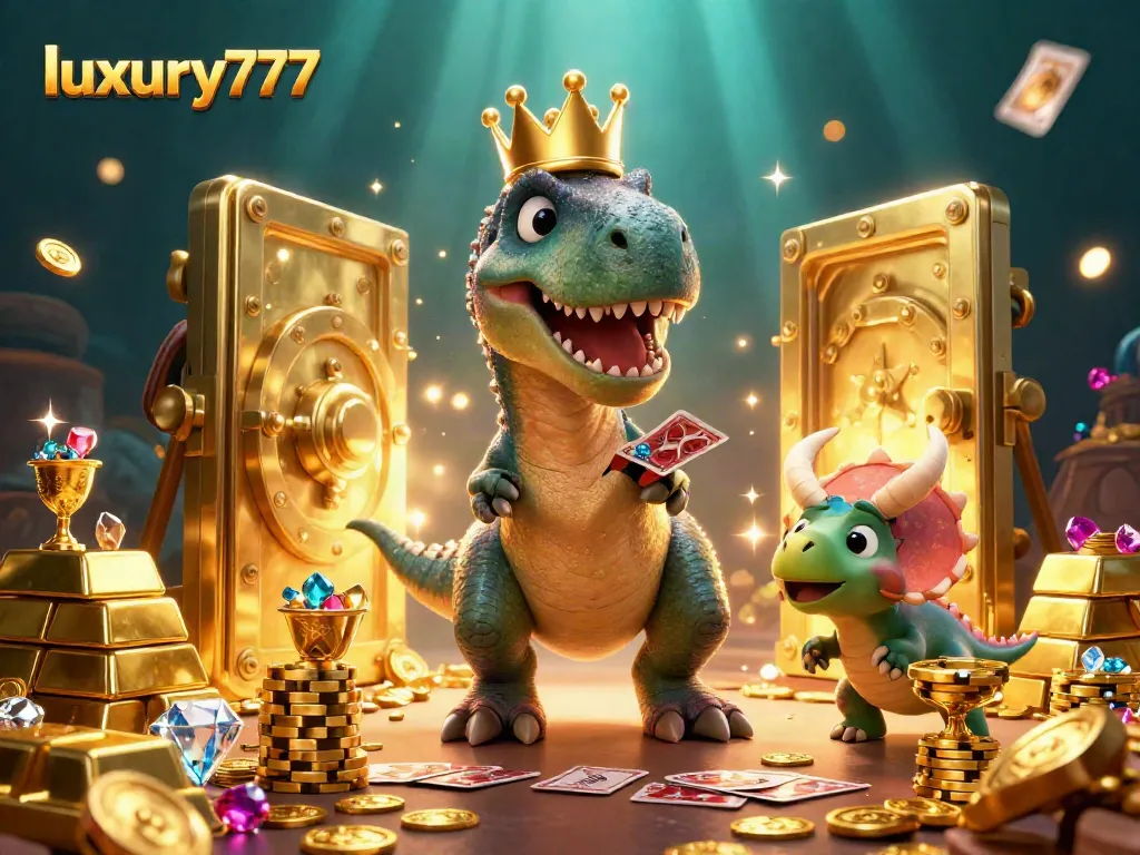 Experience luxury777 with playful dinosaurs engaging in exciting casino action under sparkling treasures.