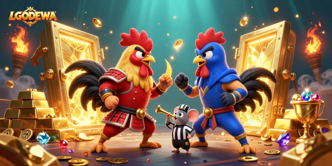 Engage with LGODEWA's thrilling gameplay featuring dynamic fighting roosters and golden treasures.