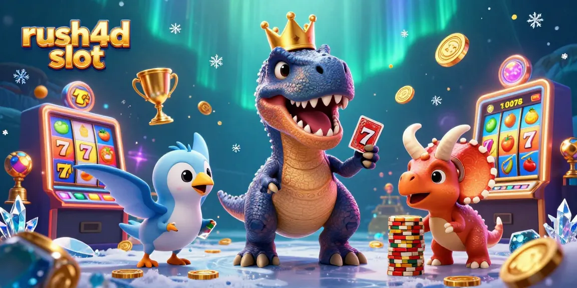 Bermain rush4d slot di kasino bersama karakter lucu dengan chip emas dan simbol buah yang gemerlap.