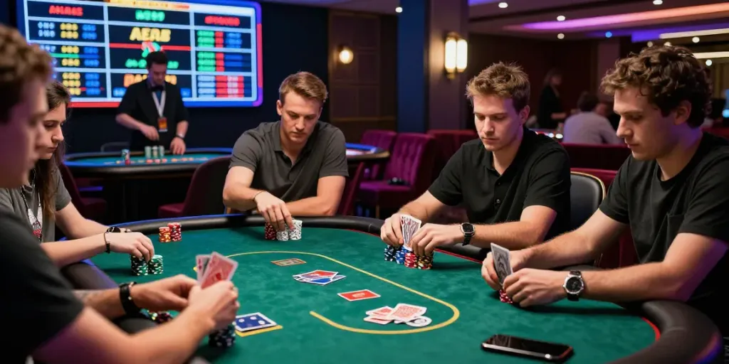 Engaging poker game scene showcasing rokok88 super excitement with players strategizing at a vibrant casino table.