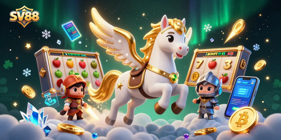 Win big at SV88 with a magical horse and knight exploring slot reels and coins.