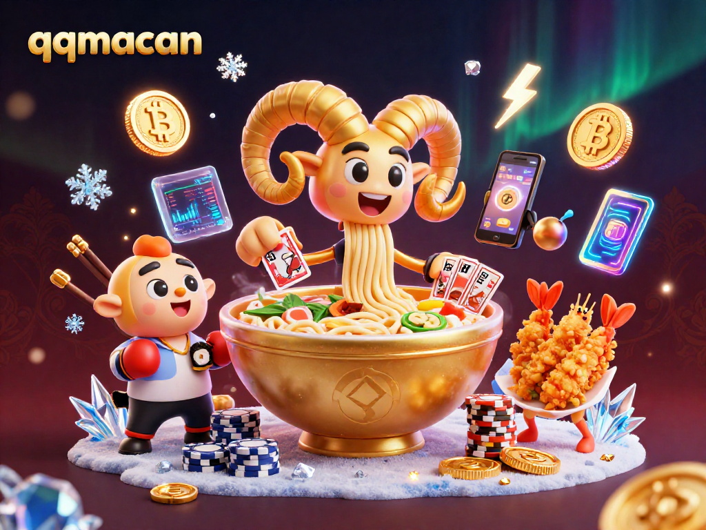 qqmacan showcases a 3D cartoon ramen bowl dealer in an exciting crypto casino scene.