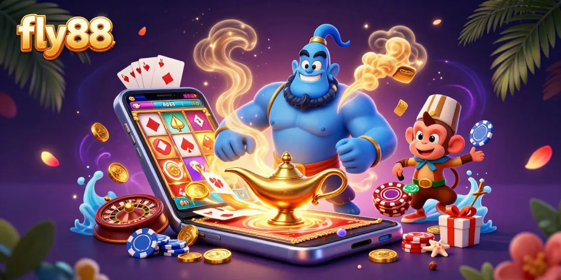 Experience the thrill of fly88 with vibrant slots, poker chips, and magical casino imagery.