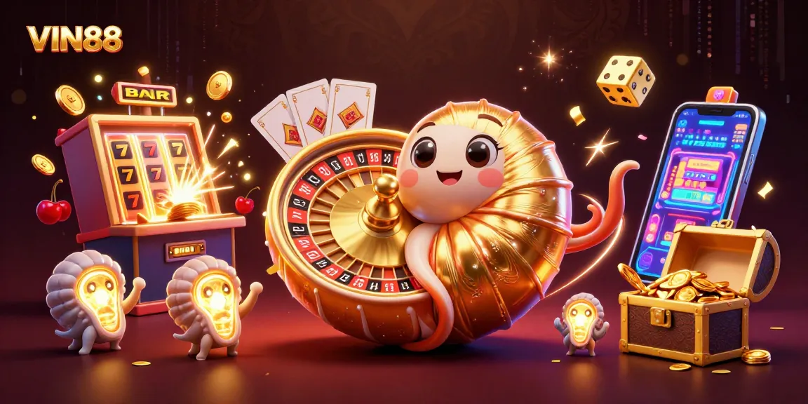 Join the fun at VIN88 with a dazzling casino scene featuring slot games and interactive elements.