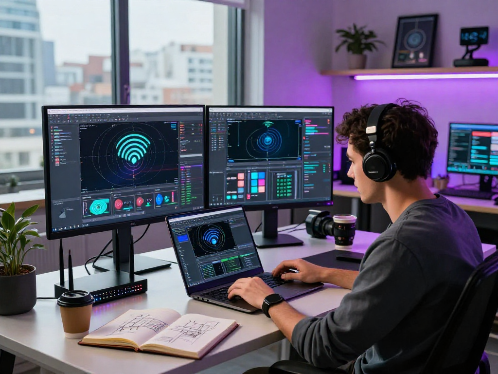 Pengembang perangkat lunak bekerja dengan wifi 4d di ruang kerja modern.