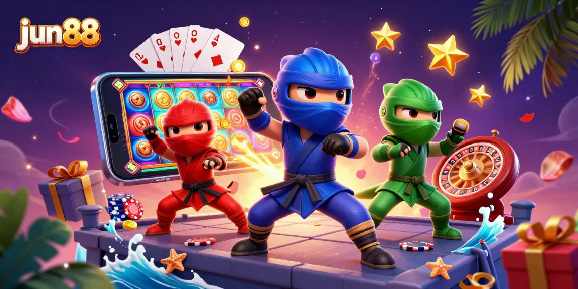 Win big with jun88's vibrant gaming action featuring ninja chameleons and casino elements.