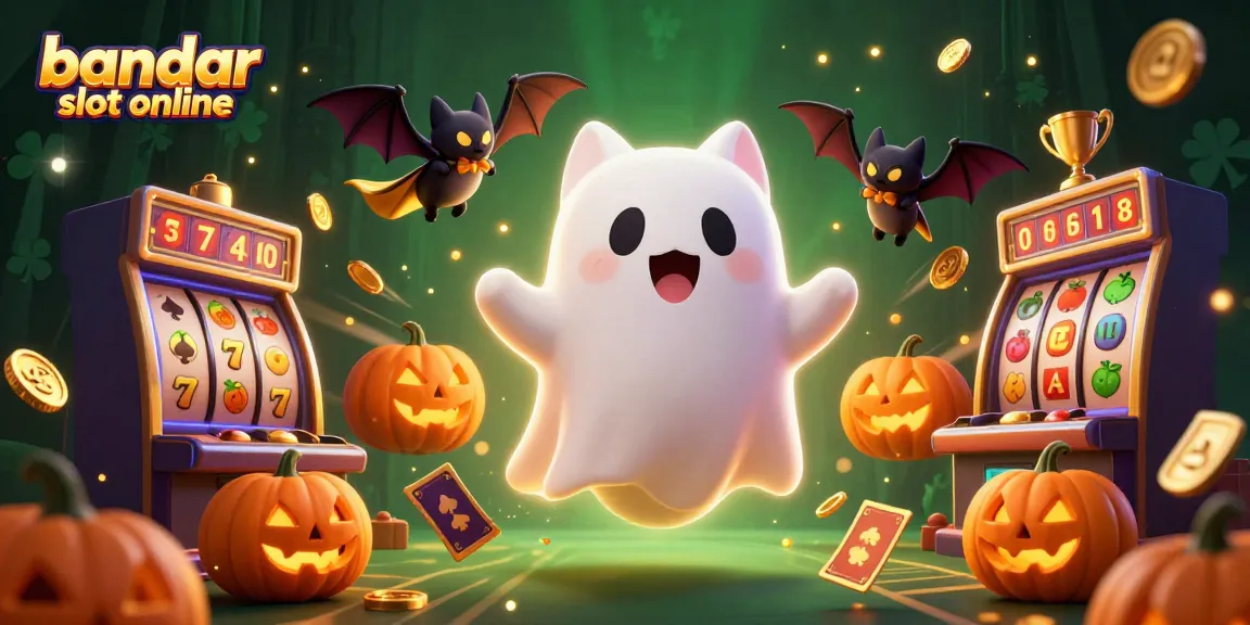 Bandar slot online dengan kucing hantu dan kelelawar di kasino, dikelilingi elemen slot yang menarik