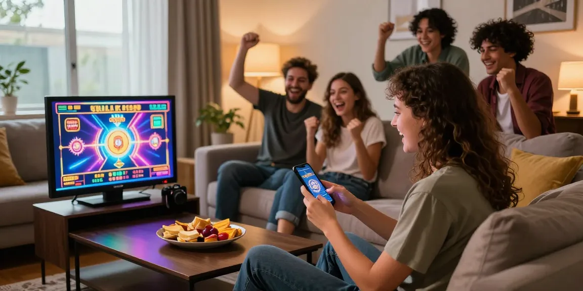 Experience thrilling สล็อตผ่านวอเลท gameplay in a lively living room with friends and dynamic graphics.