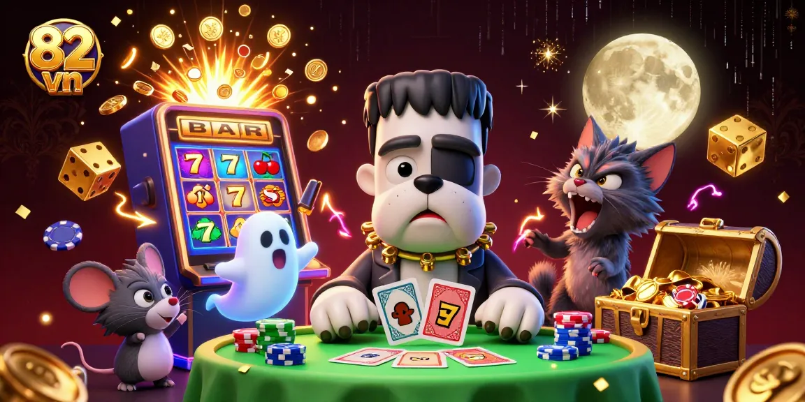 Experience thrilling gameplay at 82 vn with vibrant characters and a jackpot scene featuring a bulldog dealer and mouse ghost.