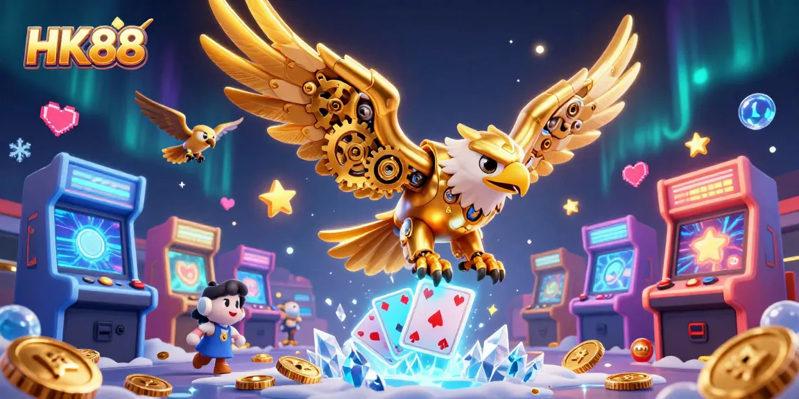 Engage with HK88 action in a vibrant casino scene featuring a cybernetic eagle and dynamic gaming elements.