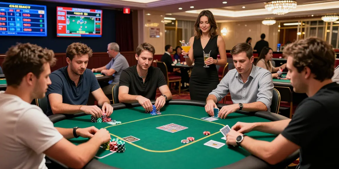 Permainan poker boswin88 di kasino mewah, suasana penuh semangat dengan pemain dan chip warna-warni.