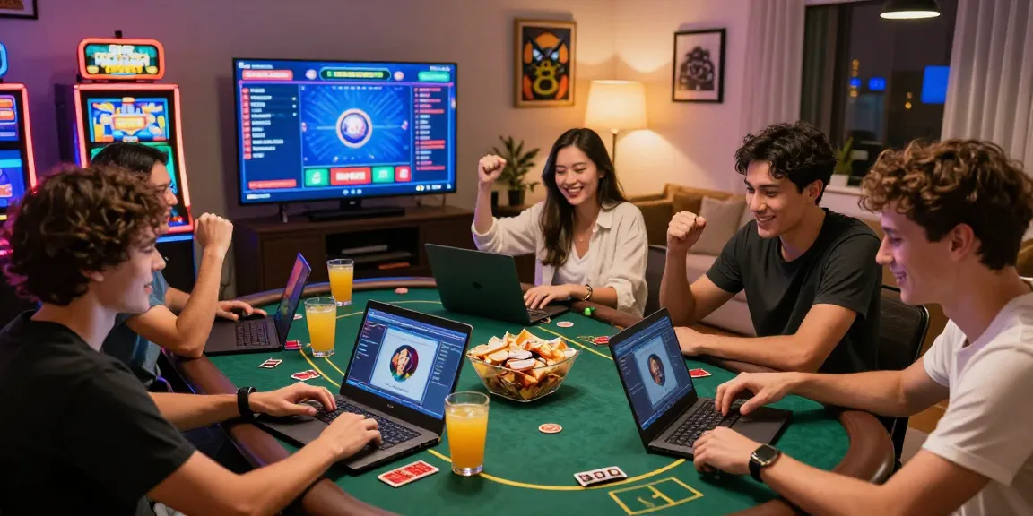 Dewapoker online fun with friends enjoying a virtual poker game in a cozy living room.