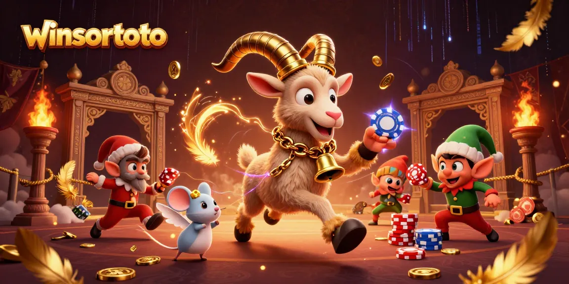 Experience winsortoto at a vibrant casino scene featuring a Krampus goat and festive characters stealing cheers and chips.