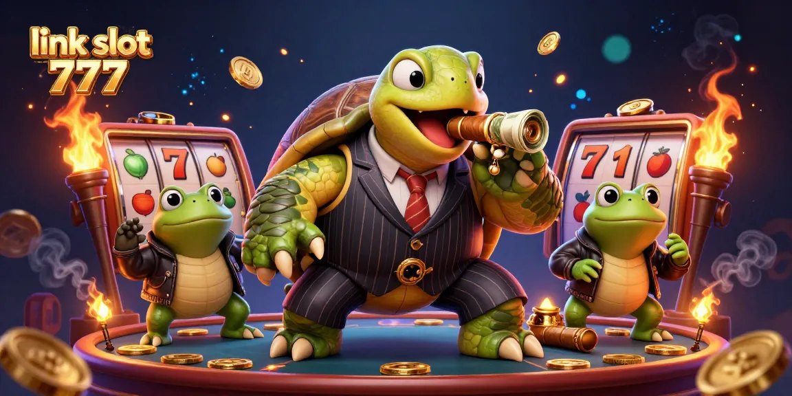 Spin to win with link slot 777, featuring a 3D cartoon turtle and frog enforcers in a vibrant casino scene.