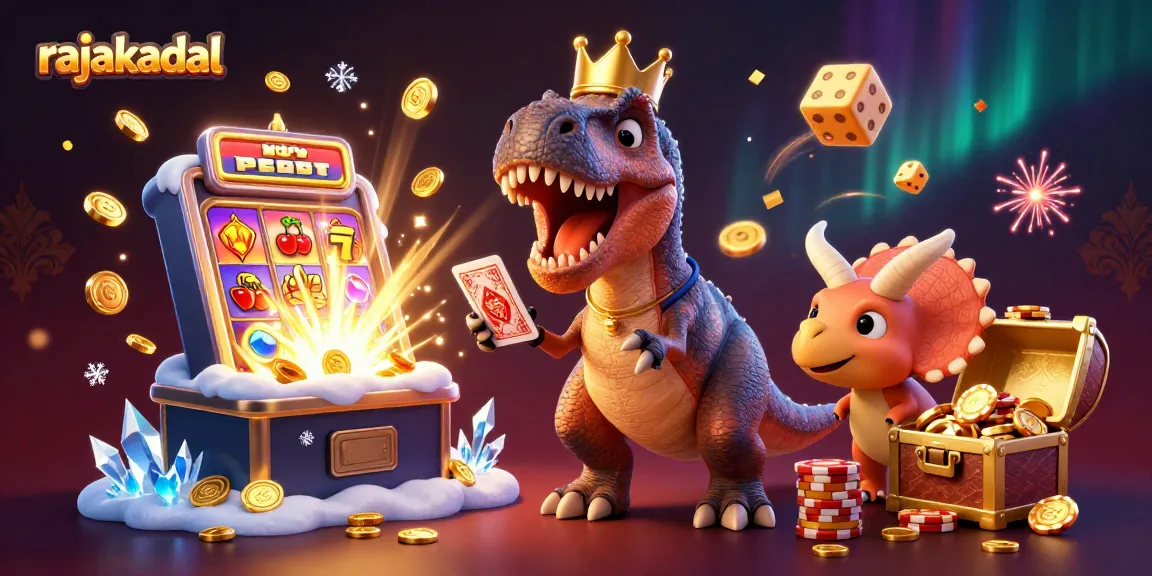 Permainan judi slot di rajakadal dengan dinosaurus lucu, mesin slot, dan tumpukan chip emas.