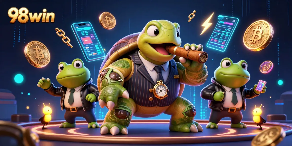Experience thrilling gameplay at 98win with a vibrant casino scene illustrating dynamic 3D characters and elements.