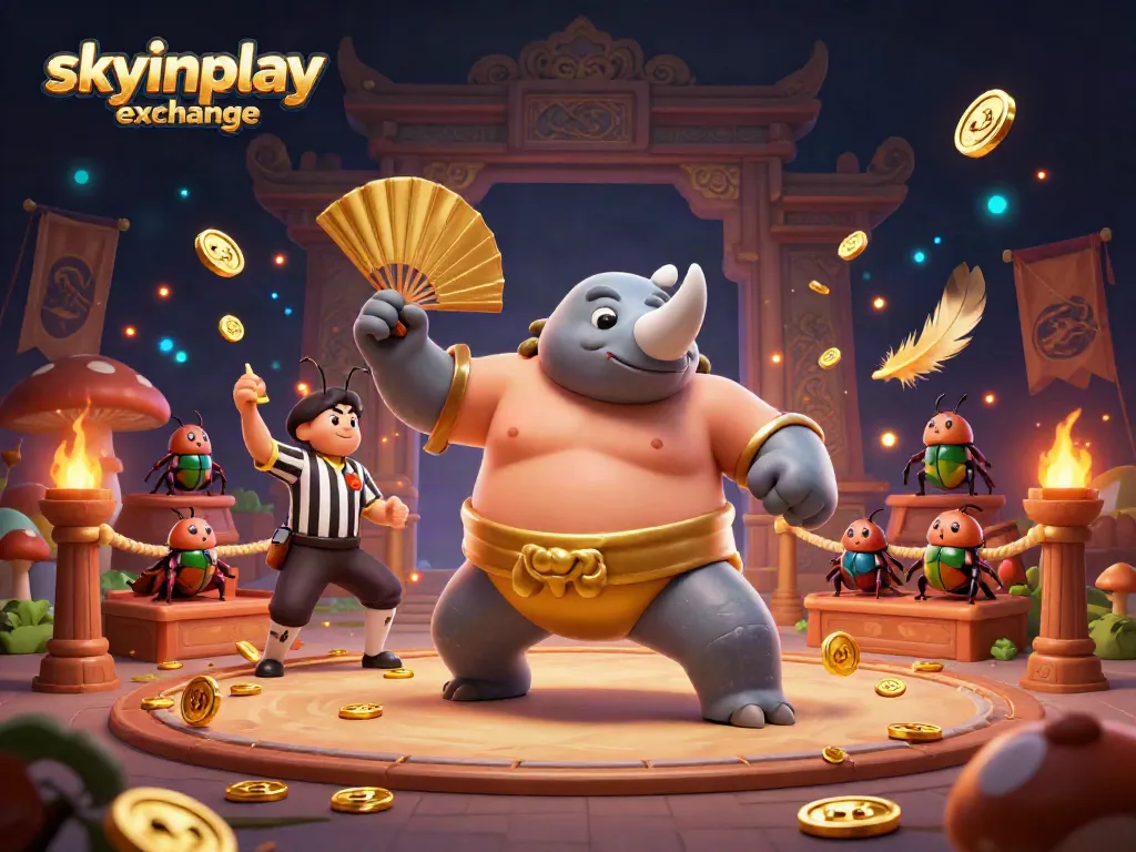 Experience thrill with a skyinplay exchange beetle champion stomping coins in a vibrant 3D illustration.