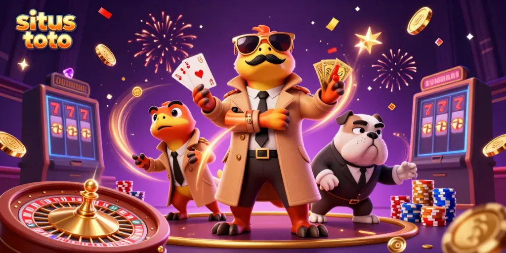 Experience the exciting world of situs toto with 3D raptors in a trench coat entering a VIP casino.