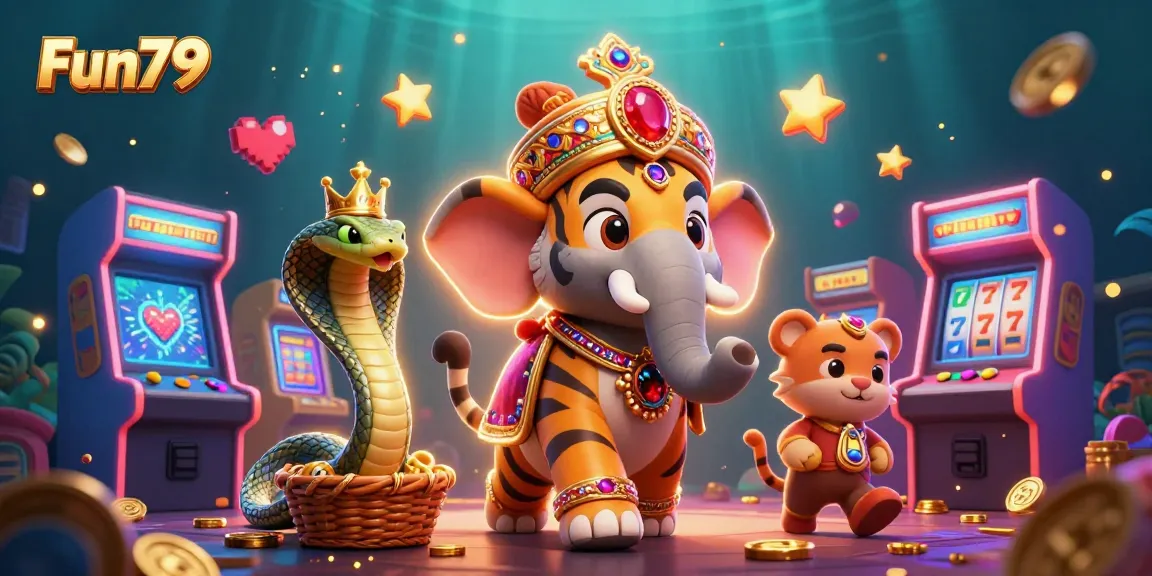 Fun79 presents a vibrant gaming experience with a majestic tiger, jewel-encrusted elephant, and playful cobra amidst a colorful casino theme.