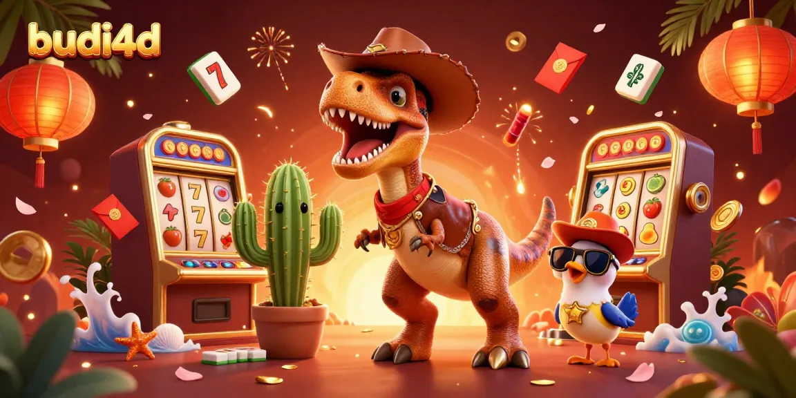 Budi4d brings excitement with a T-Rex cowboy and slot machines amid vibrant casino elements.