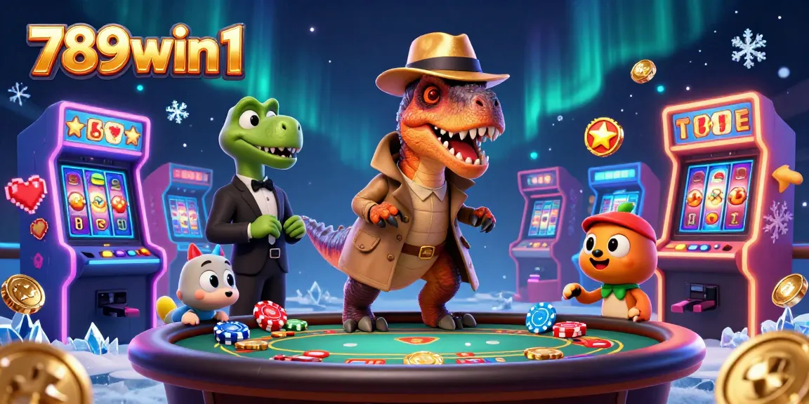 Engage with 789win1's colorful casino scene featuring cartoon dinosaurs at a blackjack table.