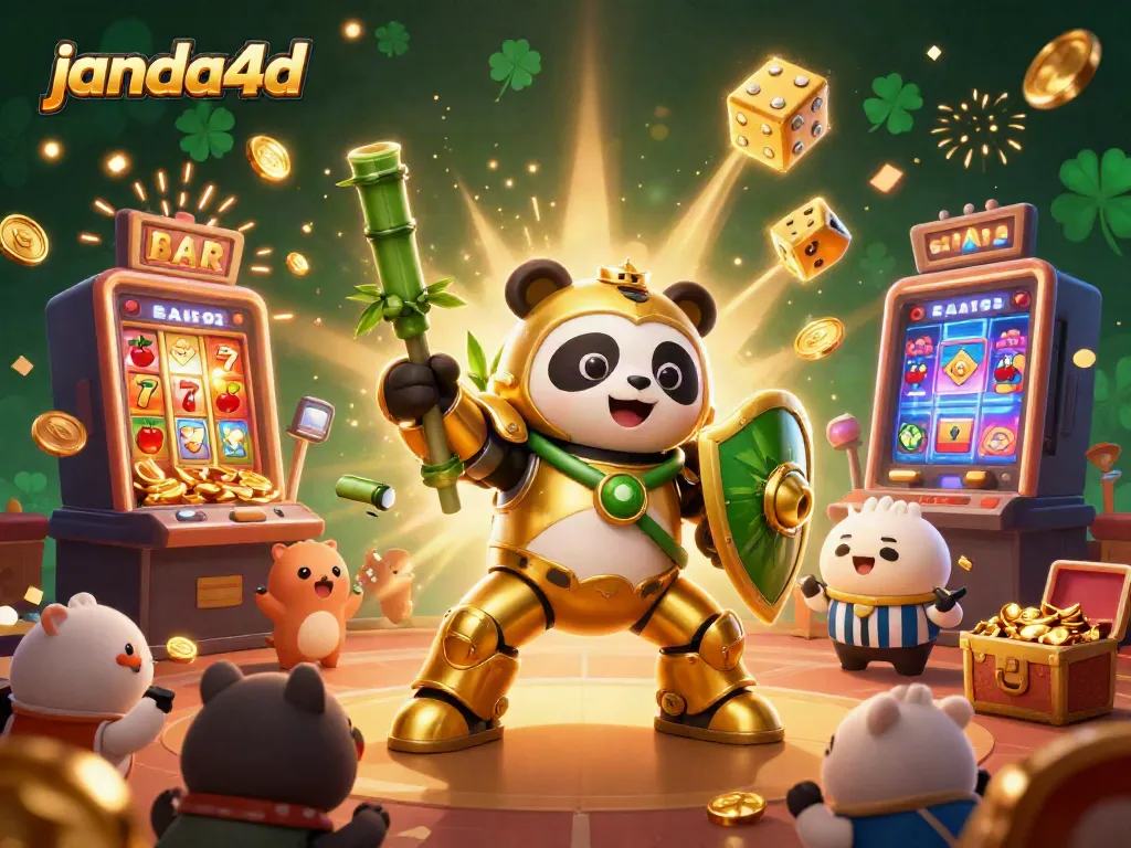 Janda4d menghadirkan ilustrasi 3D berwarna-warni dari robot panda yang bertarung dengan suasana kasino yang meriah.