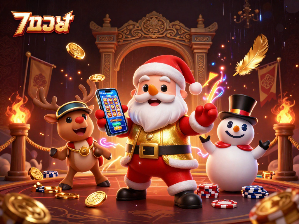 แทงบอล strategies combined with a festive casino scene featuring Santa and friends.