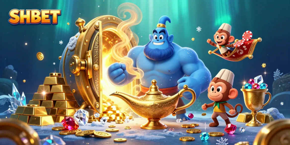 Engage with thrilling games at SHBET with a mystical genie and treasures in a vibrant casino scene.
