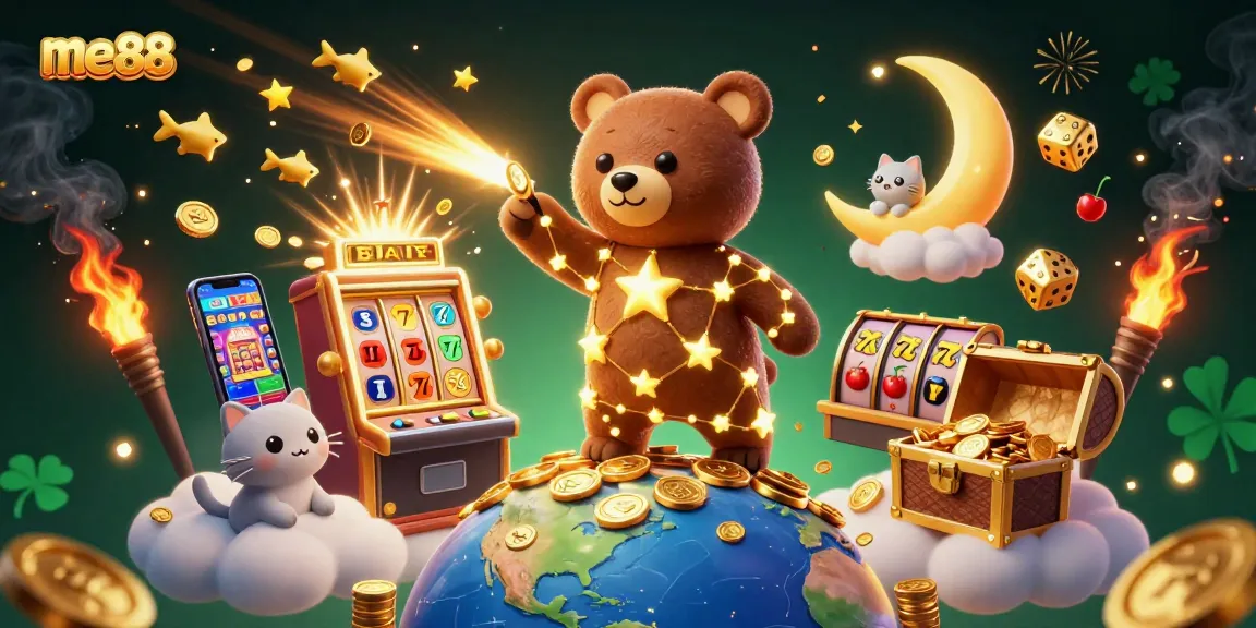 Experience the excitement at me88 with a dazzling 3D casino scene bursting with vibrant game elements.