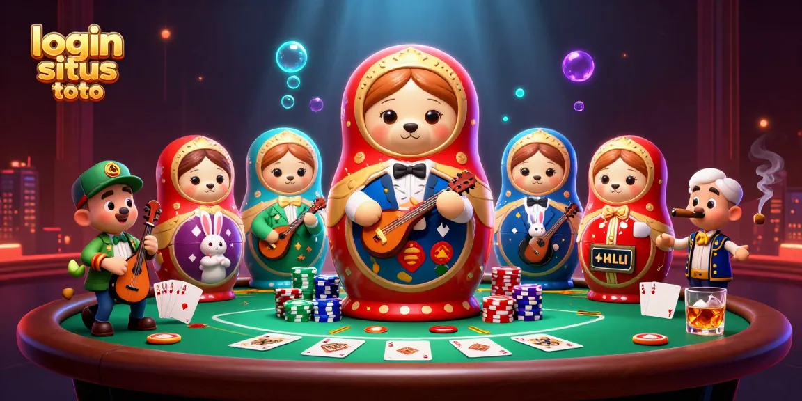 Experience secure login situs toto with our vibrant casino-themed 3D illustration packed with characters and game elements.