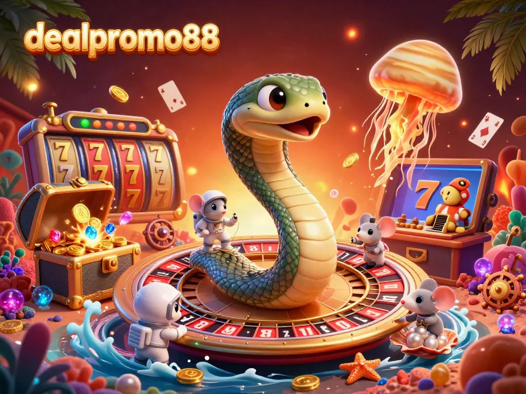 Experience vibrant gaming at dealpromo88 with cosmic roulette and treasure-filled scenes from an animated casino universe.