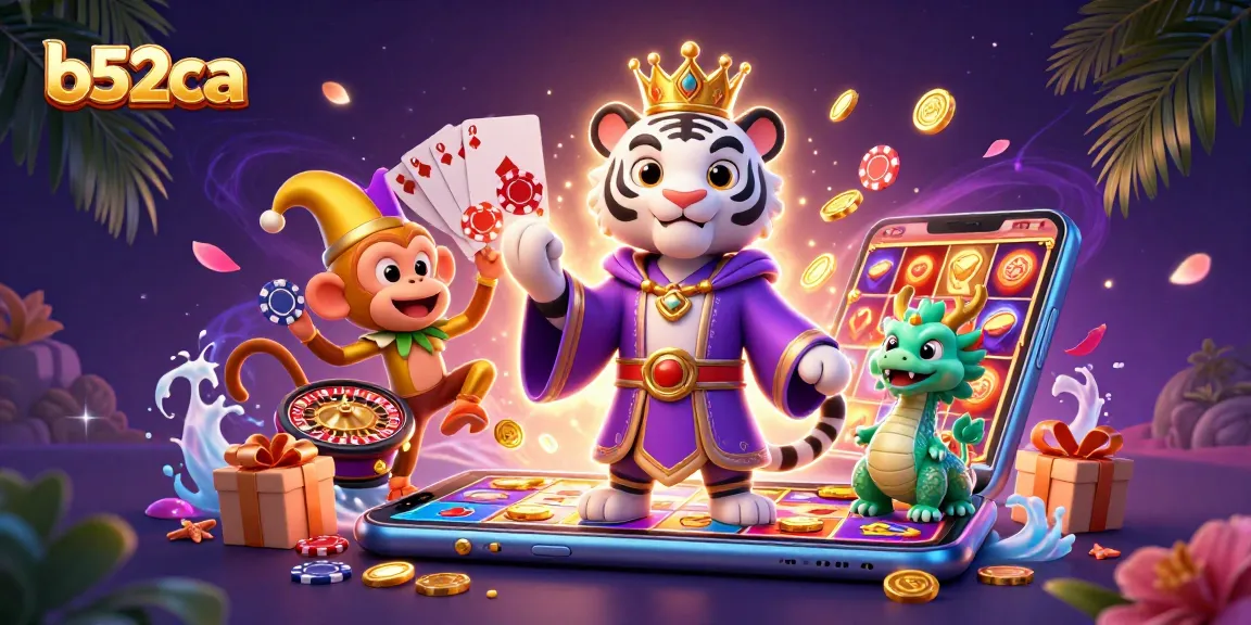 Engage in thrilling wins with b52ca in this colorful casino illustration featuring rich 3D characters.