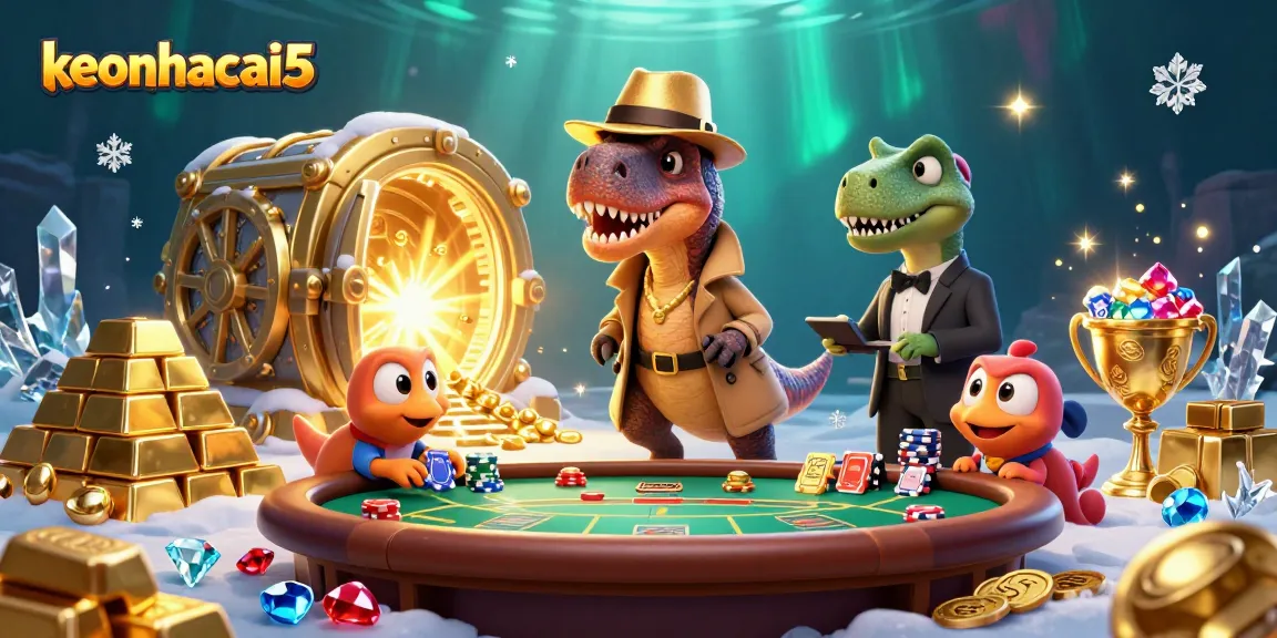 Experience keonhacai5 with cartoon velociraptor at a blackjack table amidst gold treasures.