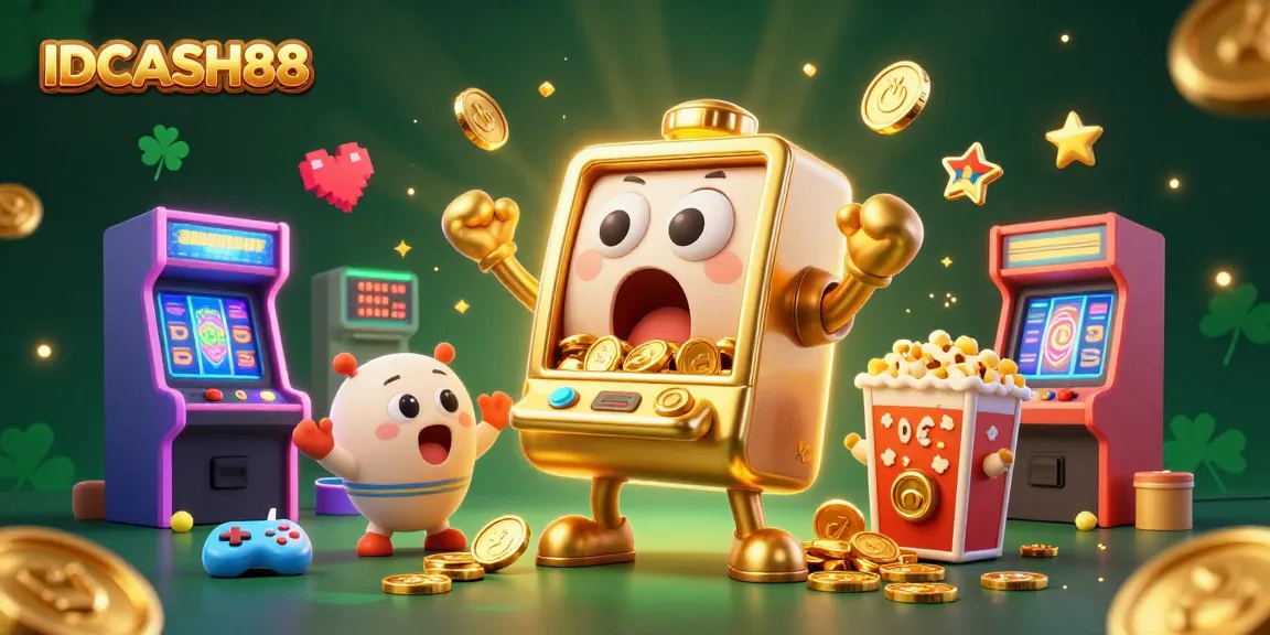 Celebrate winning with IDCASH88 as a golden slot machine hits the jackpot with coins pouring out