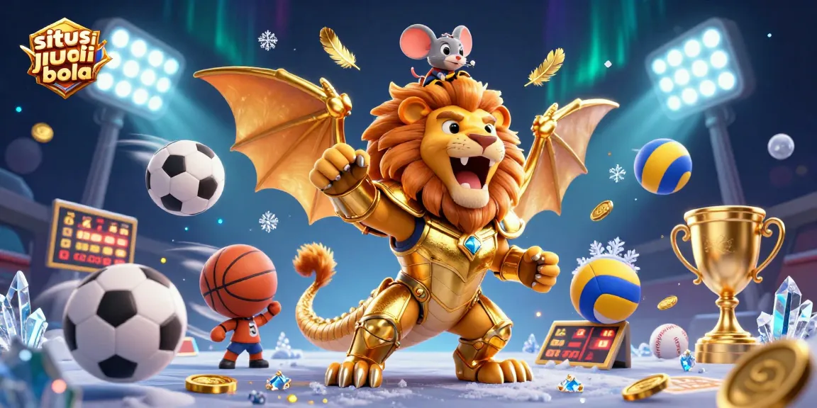 Engaging scene of situs judi bola with a vibrant chimera and sports elements, showcasing thrilling betting action.