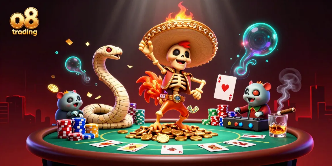 Engage in dynamic o8 trading action with vivid characters and vibrant casino elements in a lively scene.