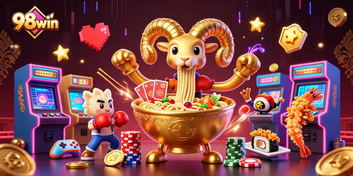 Experience excitement at 98win with a vibrant 3D illustration featuring gaming characters in action.