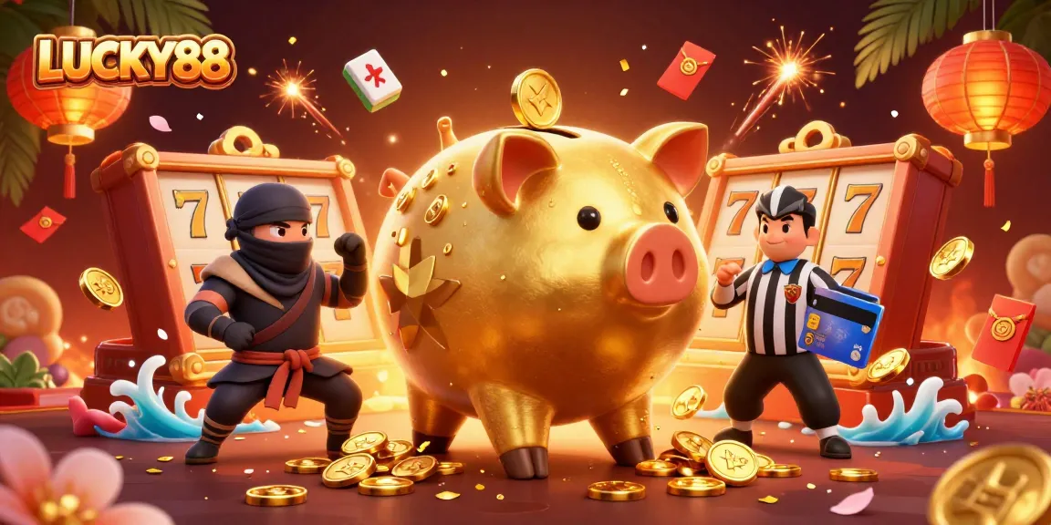 LUCKY88 casino scene featuring a golden piggy bank sumo wrestler, wallet-ninja, and credit-card samurai.