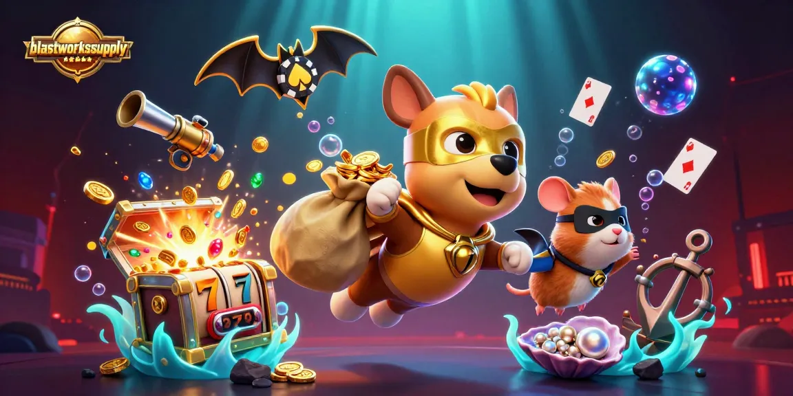 Blastworkssupply showcases exciting slots with a superhero dog and hamster amidst a vibrant casino scene.
