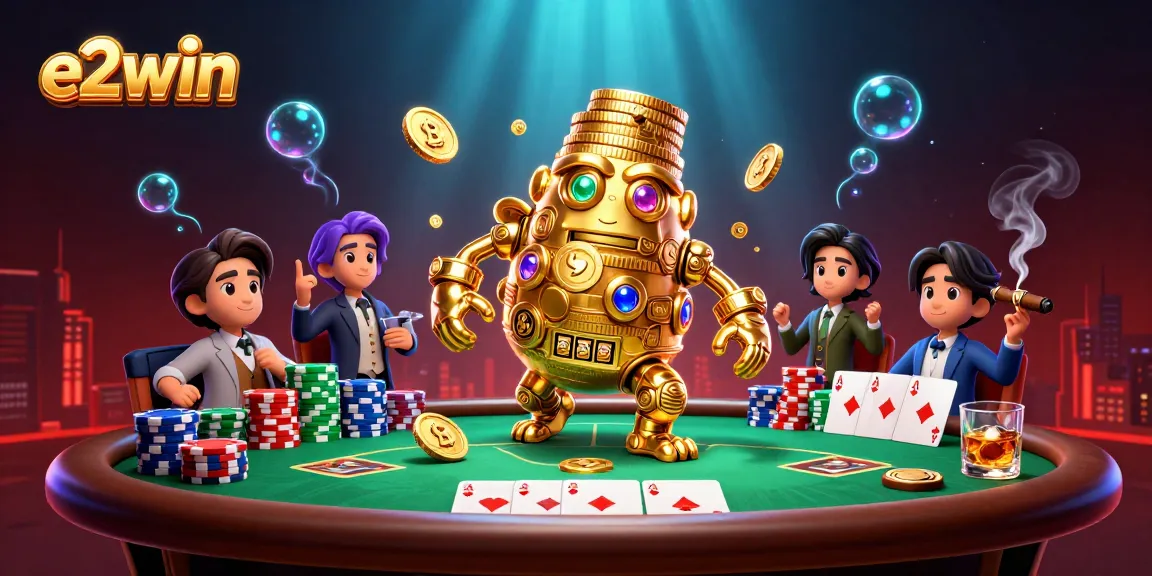 Engage with e2win and experience the magic of a vibrant casino scene featuring a golden golem and poker action.