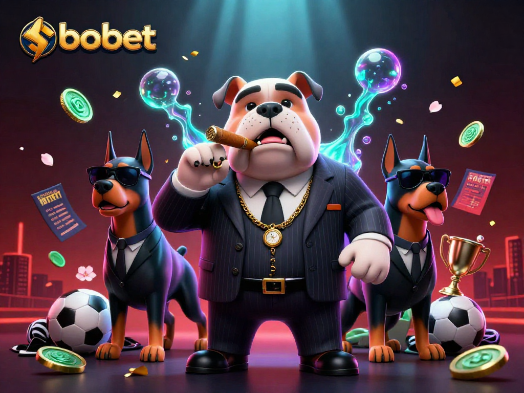 Bet on sbobet with a 3D illustration of a mafia bulldog and bodyguards amidst sports betting elements.